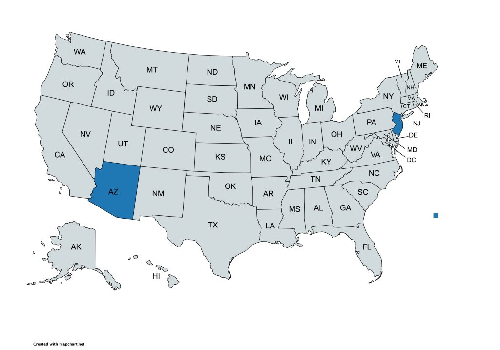 A map of the United States with all states labeled by their abbreviations. Arizona and New Jersey are highlighted in blue, while all other states are gray.