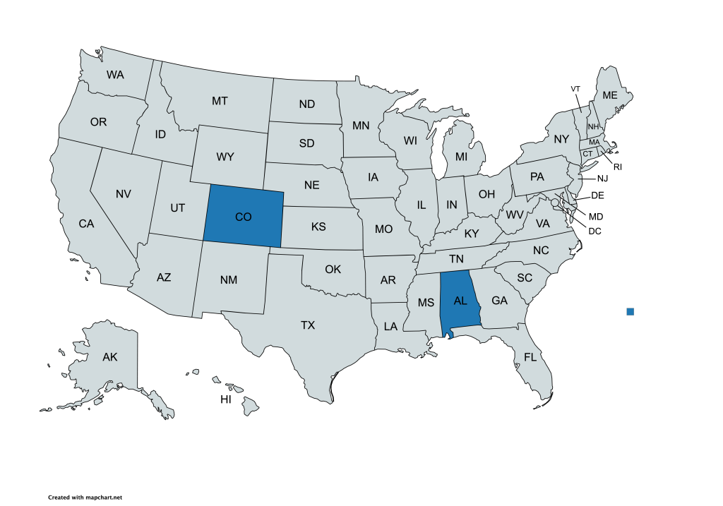 A map of the United States with all states labeled by their abbreviations. Alabama and Colorado are highlighted in blue, while all other states are gray.
