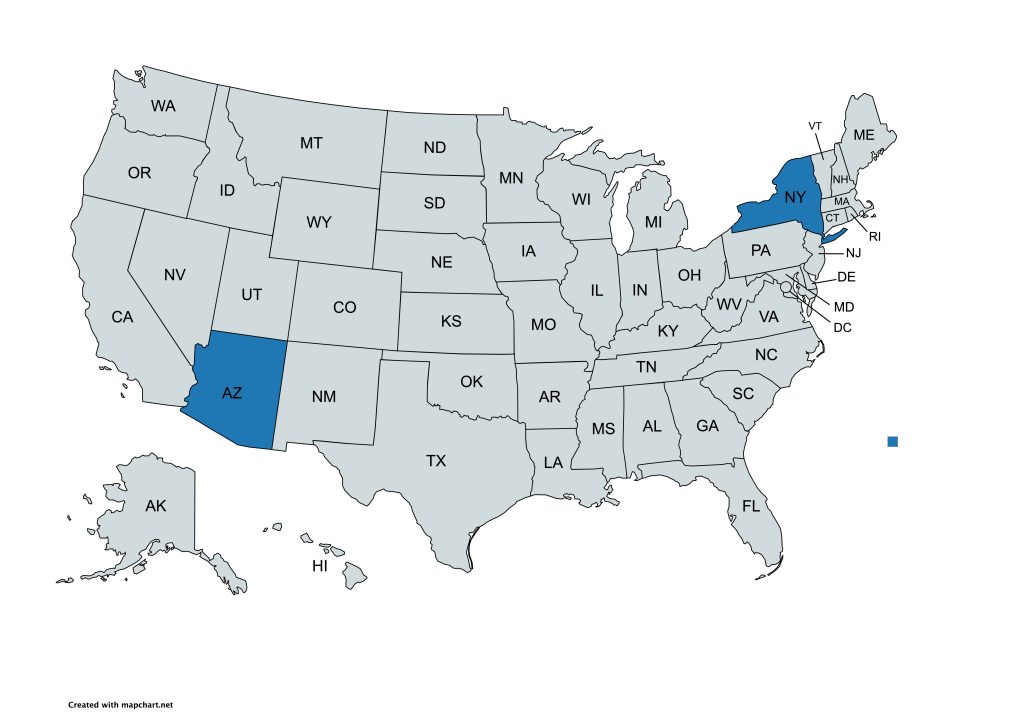 A map of the United States with all states labeled by their abbreviations. Arizona and New York are highlighted in blue, while all other states are gray.