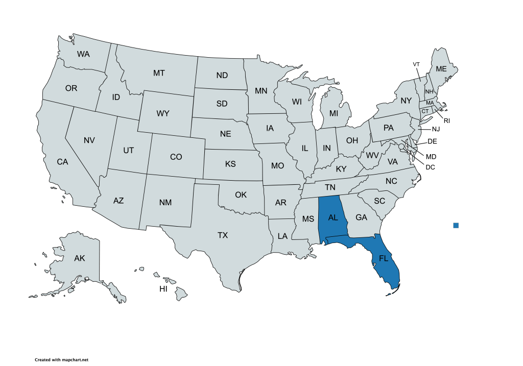 A map of the United States with all states labeled by their abbreviations. Alabama and Florida are highlighted in blue, while all other states are gray.