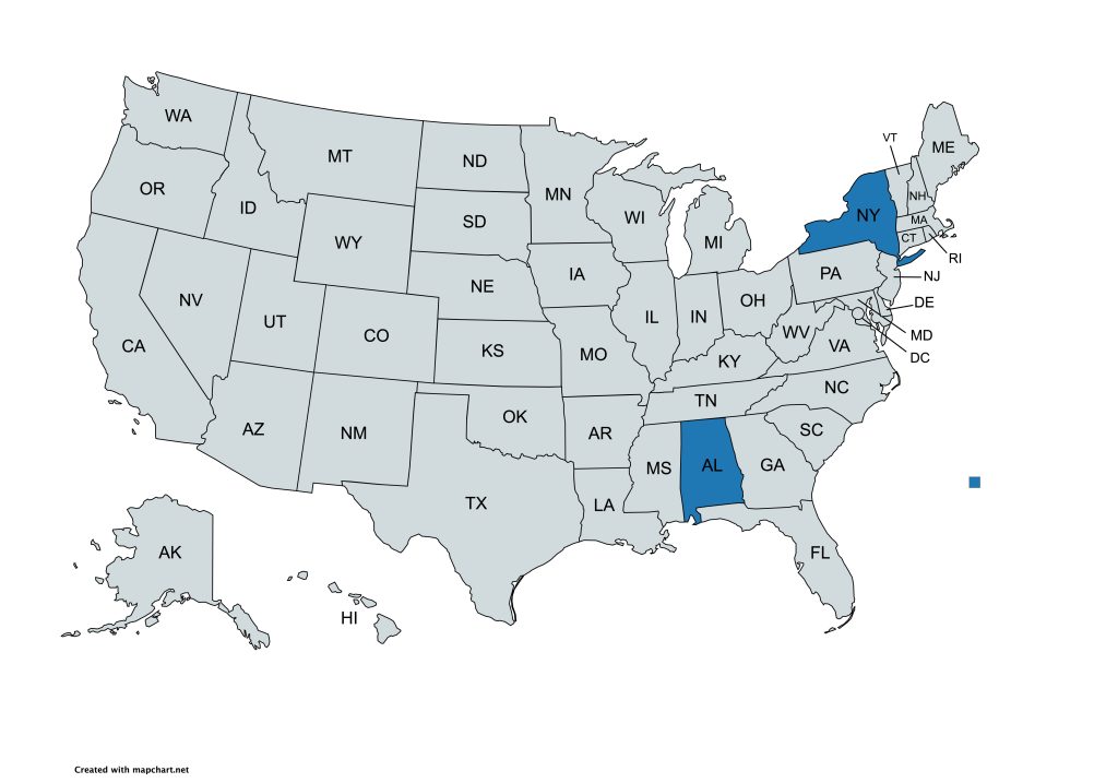 A map of the United States with all states labeled by their abbreviations. Alabama and New York are highlighted in blue, while all other states are gray.