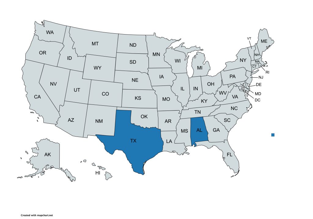 A map of the United States with all states labeled by their abbreviations. Alabama and Texas are highlighted in blue, while all other states are gray.