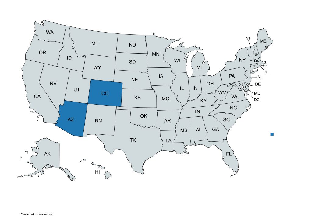 A map of the United States with all states labeled by their abbreviations. Arizona and Colorado are highlighted in blue, while all other states are gray.