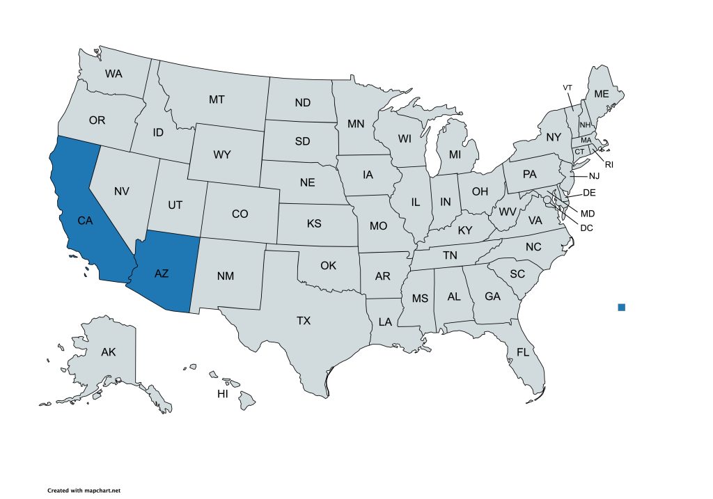 A map of the United States with all states labeled by their abbreviations. Arizona and California are highlighted in blue, while all other states are gray.