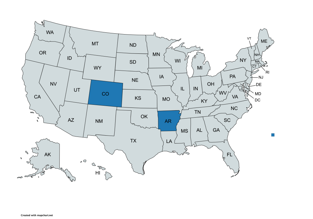 A map of the United States with all states labeled by their abbreviations. Arkansas and Colorado are highlighted in blue, while all other states are gray.