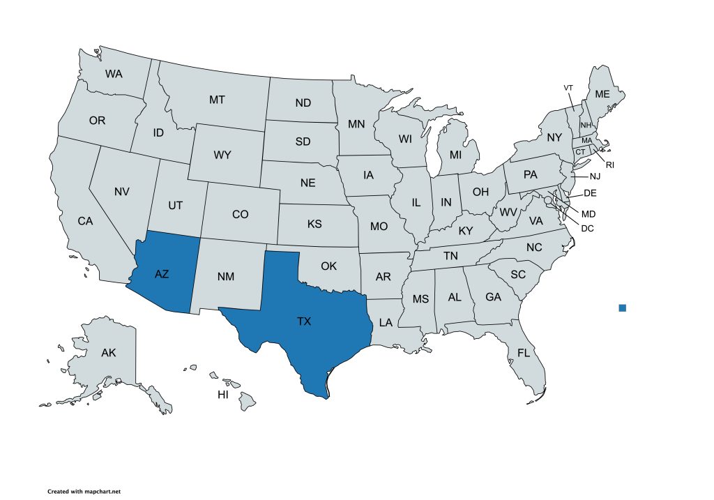 A map of the United States with all states labeled by their abbreviations. Arizona and Texas are highlighted in blue, while all other states are gray.