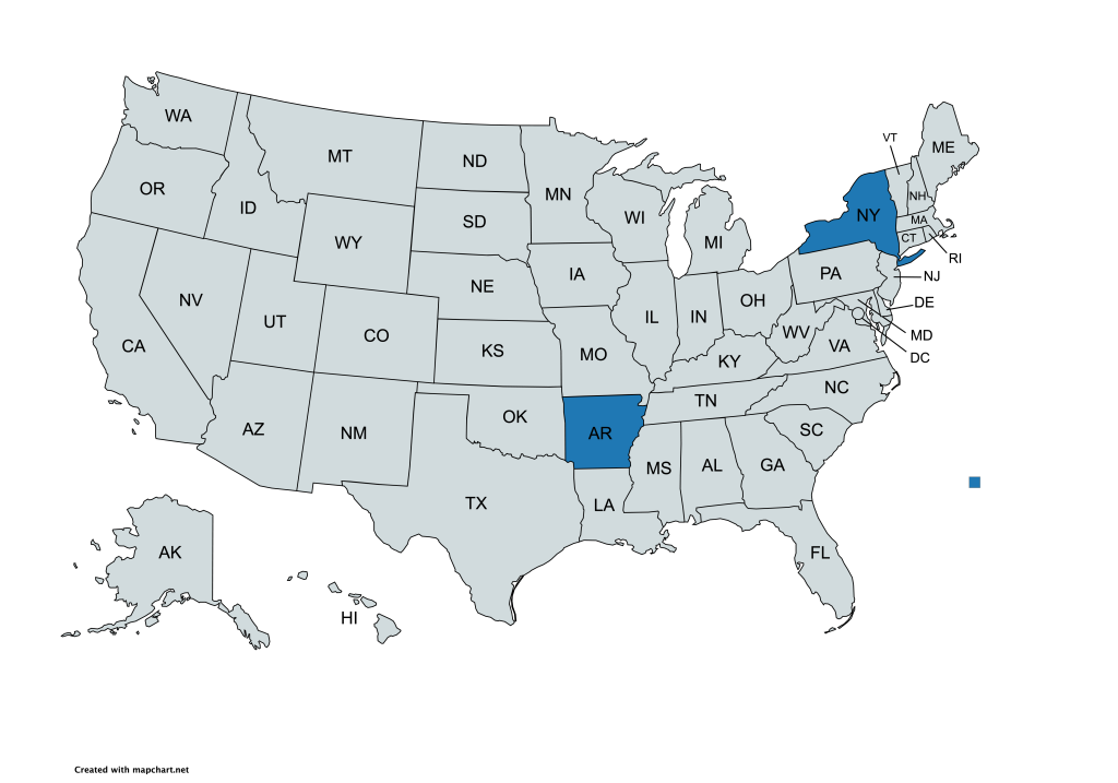 A map of the United States with all states labeled by their abbreviations. Arkansas and New York are highlighted in blue, while all other states are gray.