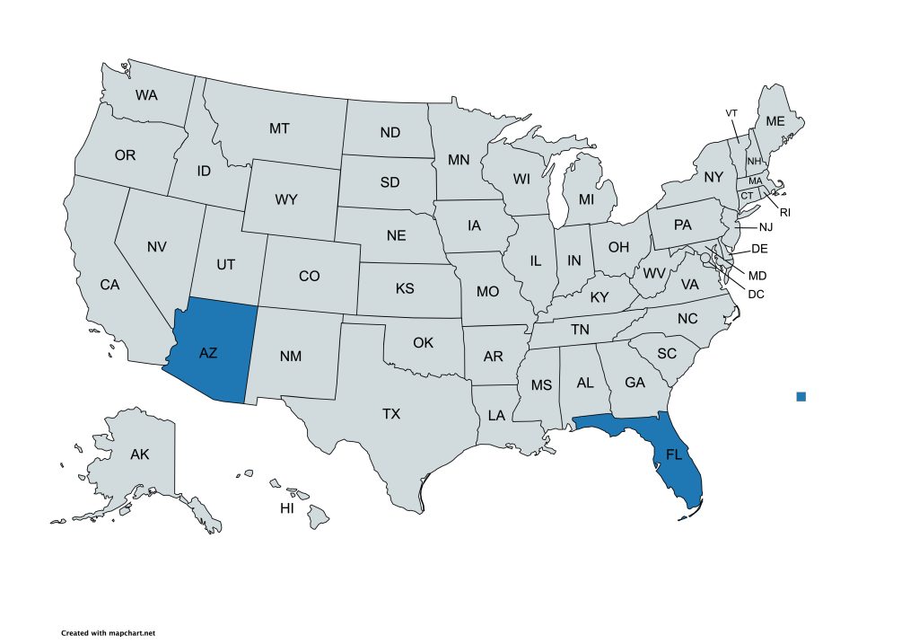 A map of the United States with all states labeled by their abbreviations. Arizona and Florida are highlighted in blue, while all other states are gray.