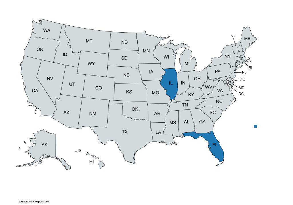 A map of the United States with all states labeled by their abbreviations. Illinois and Florida are highlighted in blue, while all other states are gray.