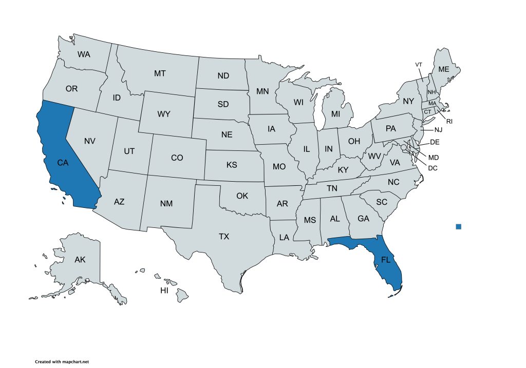 A map of the United States with all states labeled by their abbreviations. California and Florida are highlighted in blue, while all other states are gray.