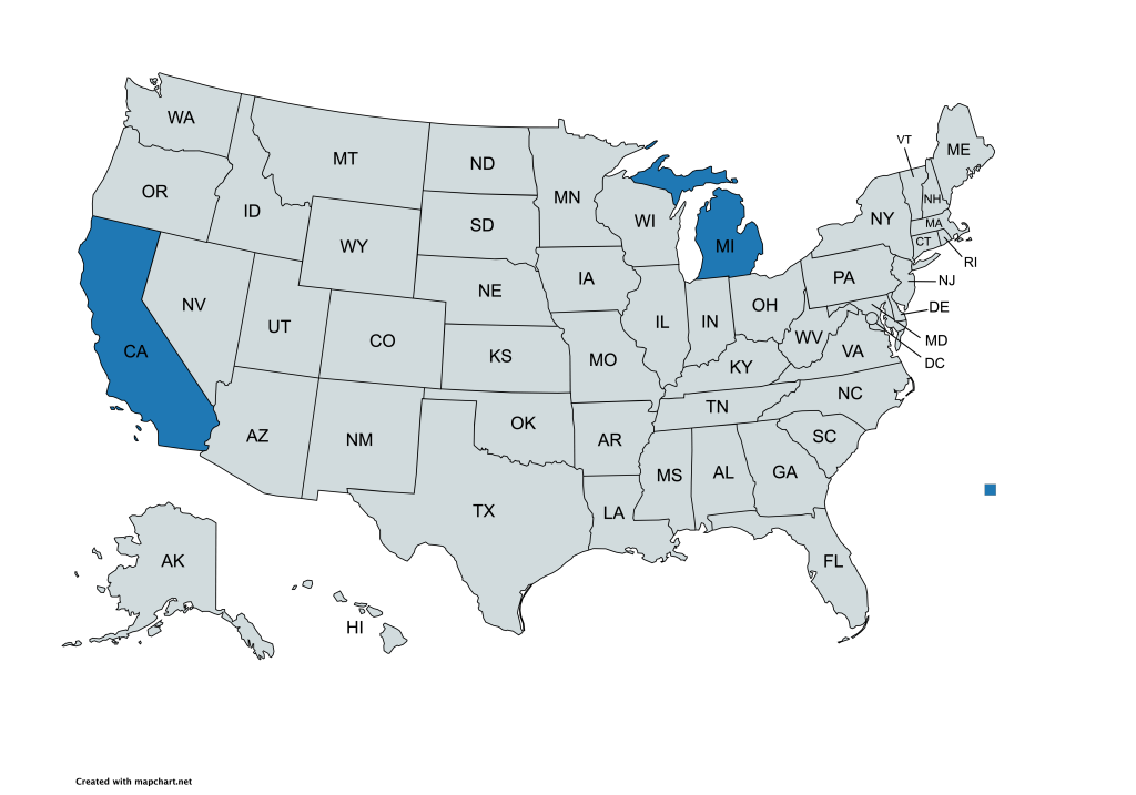 A map of the United States with all states labeled by their abbreviations. California and Michigan are highlighted in blue, while all other states are gray.