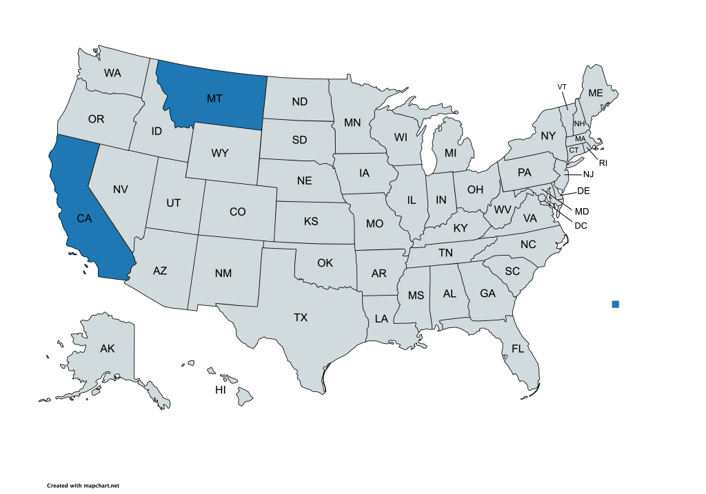 A map of the United States with all states labeled by their abbreviations. California and Montana are highlighted in blue, while all other states are gray.