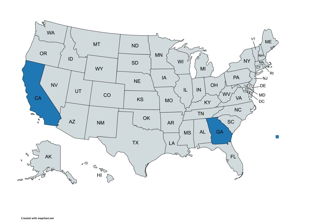 A map of the United States with all states labeled by their abbreviations. California and Georgia are highlighted in blue, while all other states are gray.