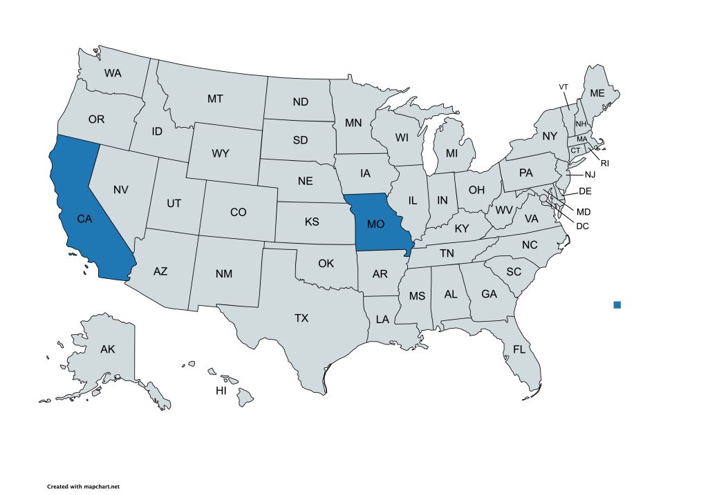 A map of the United States with all states labeled by their abbreviations. California and Missouri are highlighted in blue, while all other states are gray.