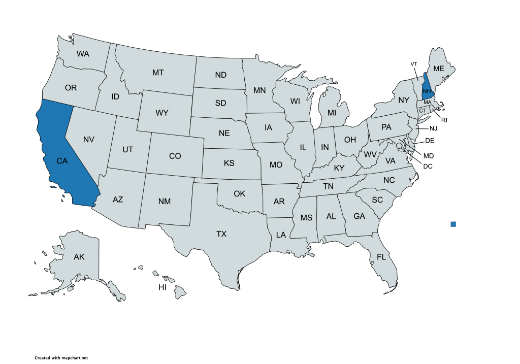 A map of the United States with all states labeled by their abbreviations. California and New Hampshire are highlighted in blue, while all other states are gray.