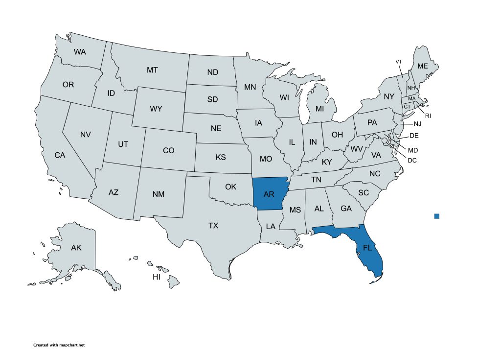 A map of the United States with all states labeled by their abbreviations. Arkansas and Florida are highlighted in blue, while all other states are gray.
