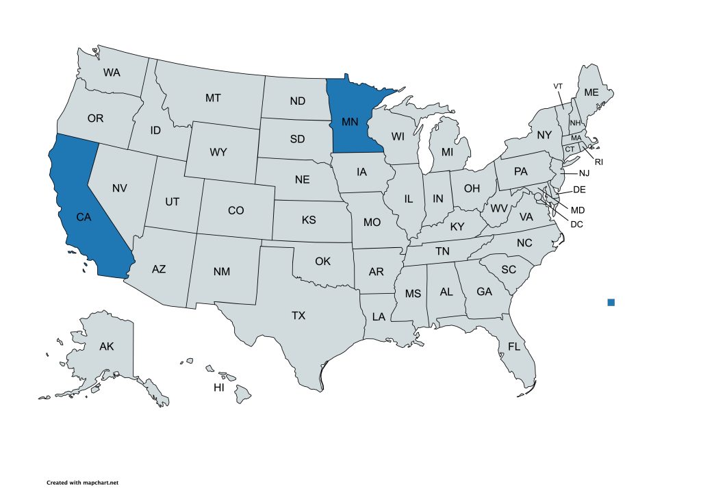 A map of the United States with all states labeled by their abbreviations. California and Minnesota are highlighted in blue, while all other states are gray.