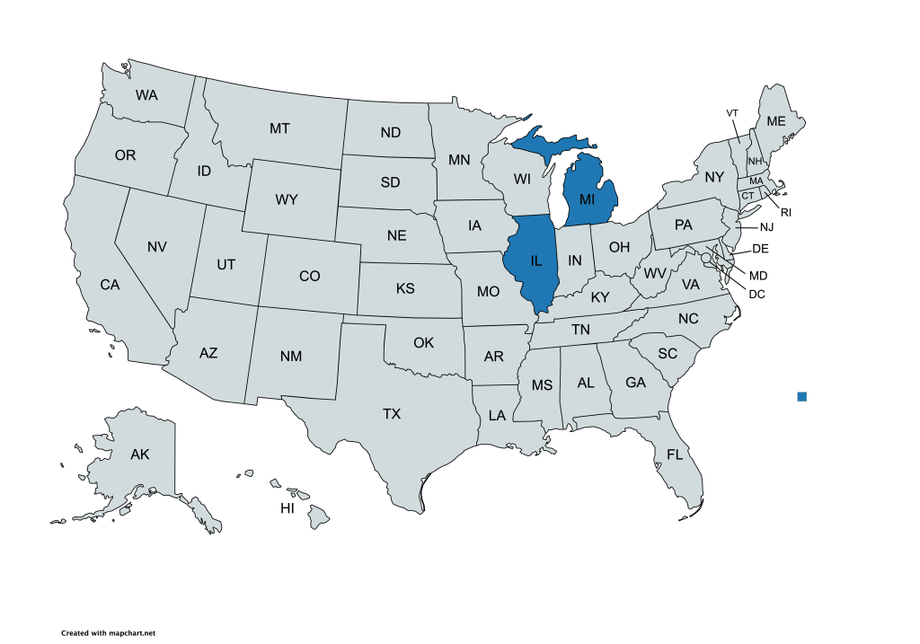 A map of the United States with all states labeled by their abbreviations. Illinois and Michigan are highlighted in blue, while all other states are gray.