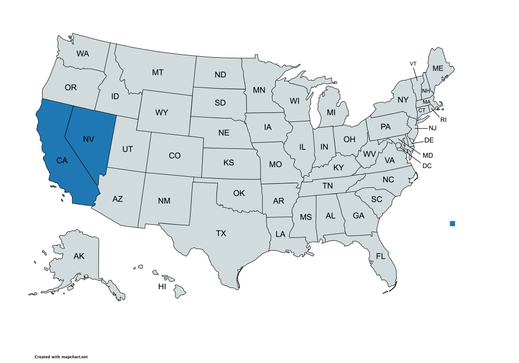A map of the United States with all states labeled by their abbreviations. California and Nevada are highlighted in blue, while all other states are gray.