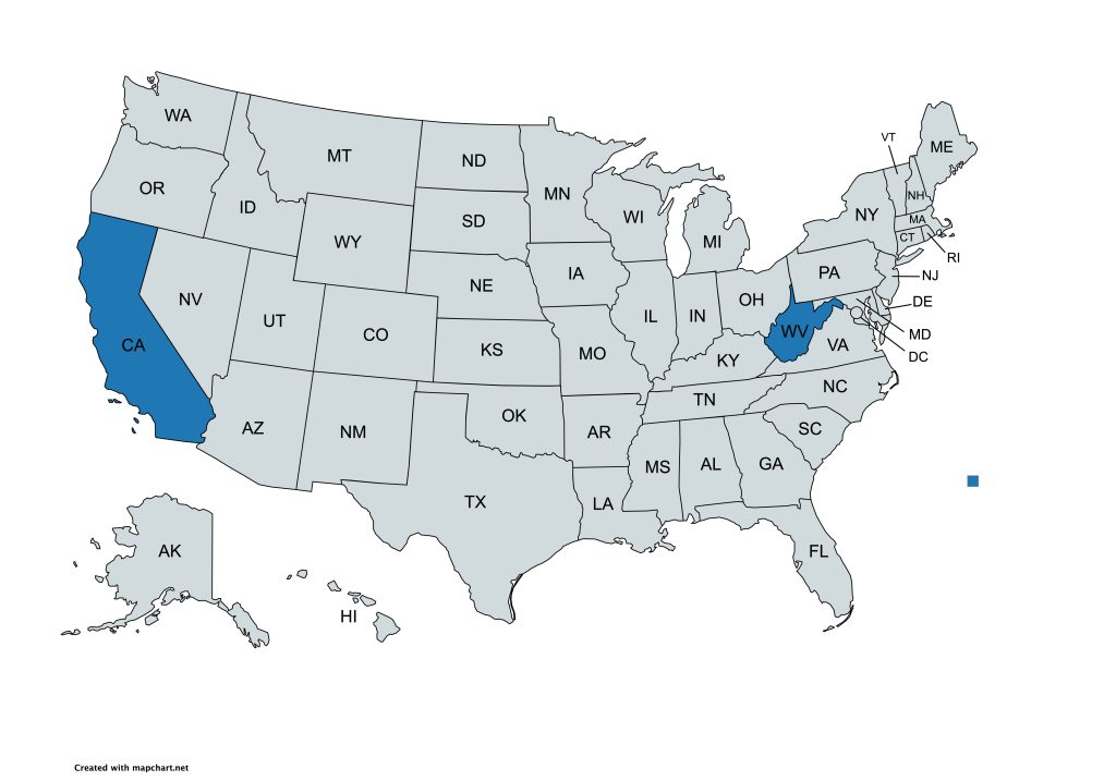 A map of the United States with all states labeled by their abbreviations. California and West Virginia are highlighted in blue, while all other states are gray.