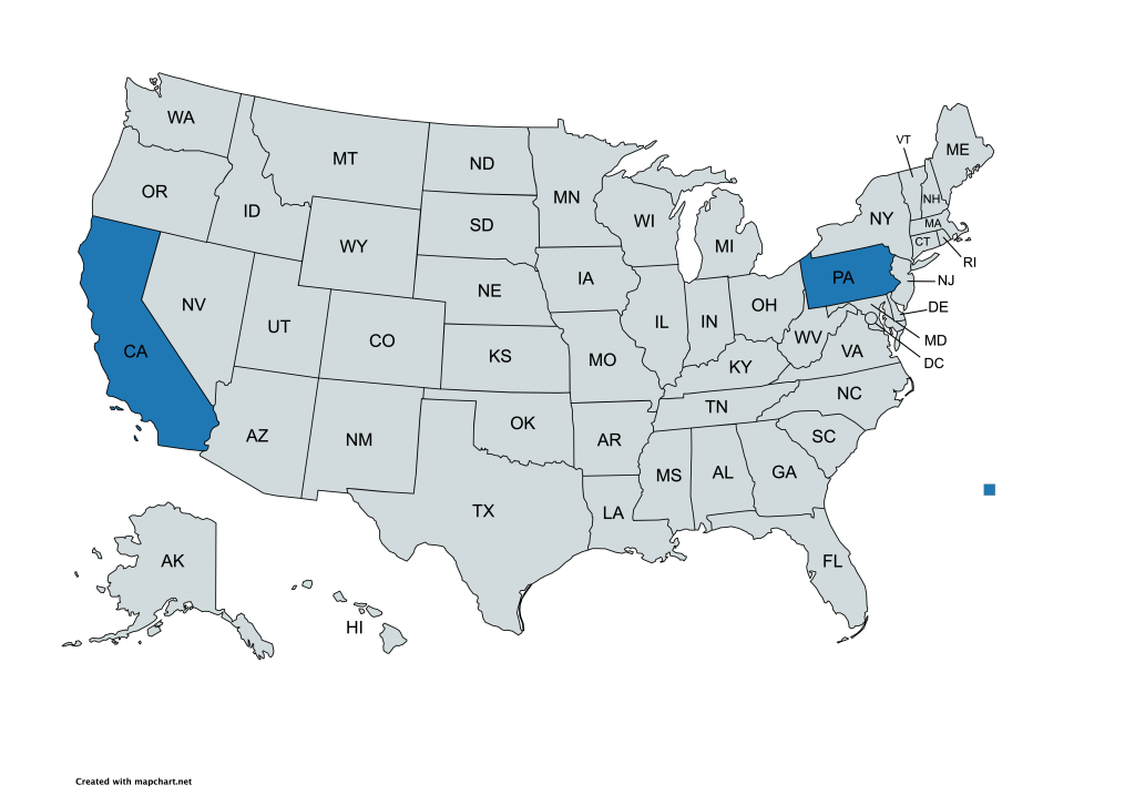 A map of the United States with all states labeled by their abbreviations. California and Pennsylvania are highlighted in blue, while all other states are gray.