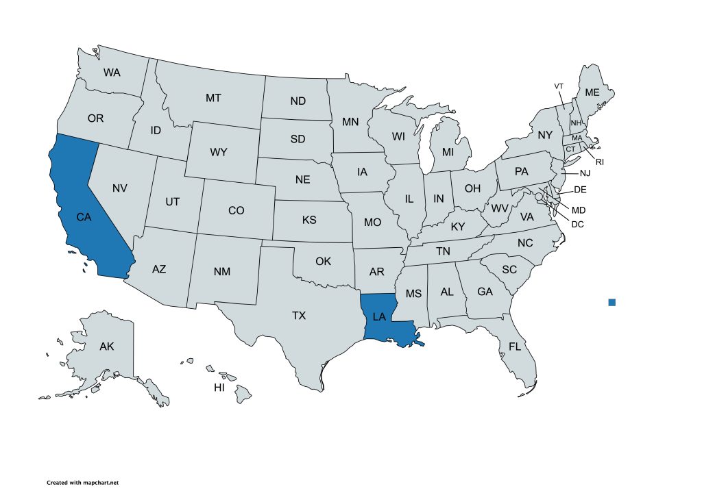 A map of the United States with all states labeled by their abbreviations. California and Louisiana are highlighted in blue, while all other states are gray.