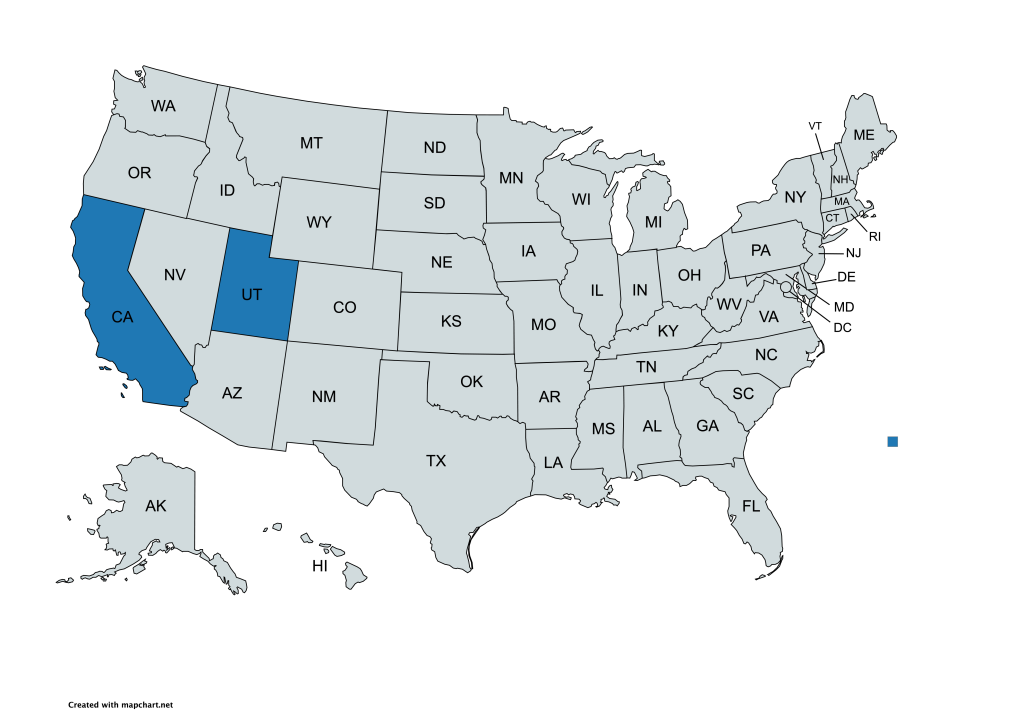 A map of the United States with all states labeled by their abbreviations. California and Utah are highlighted in blue, while all other states are gray.