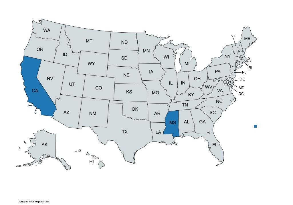 A map of the United States with all states labeled by their abbreviations. California and Mississippi are highlighted in blue, while all other states are gray.