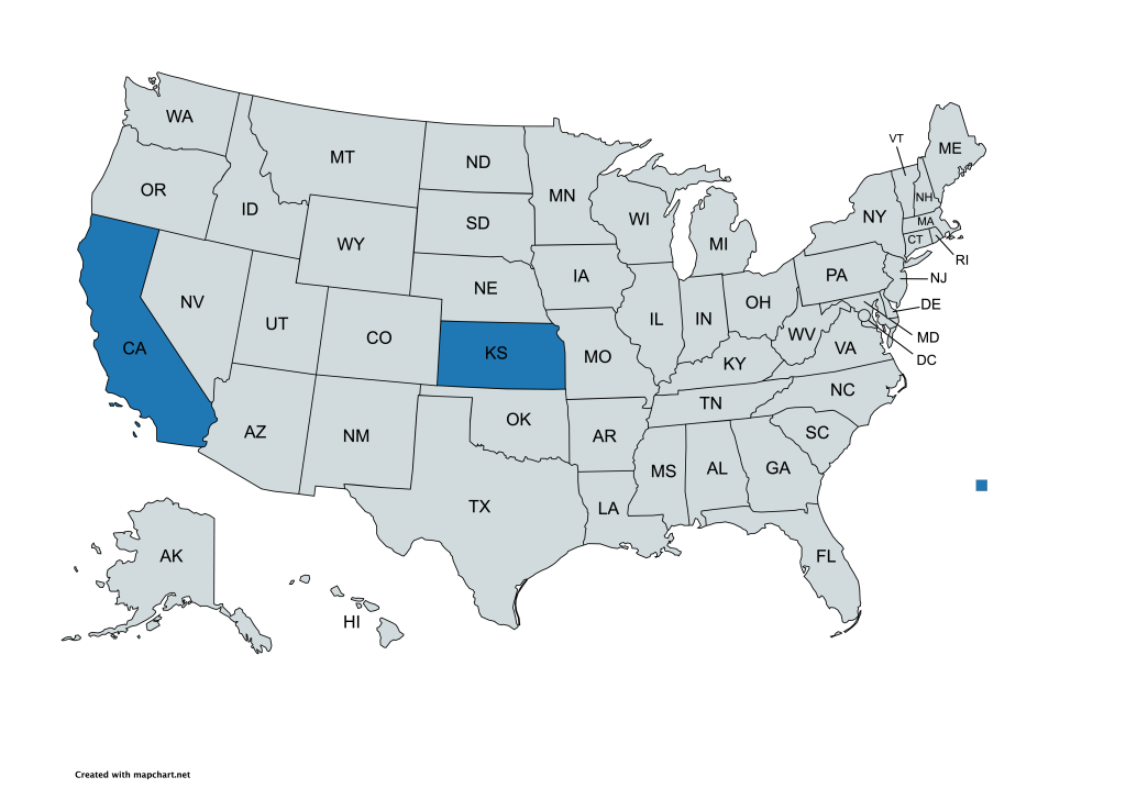 A map of the United States with all states labeled by their abbreviations. California and Kansas are highlighted in blue, while all other states are gray.
