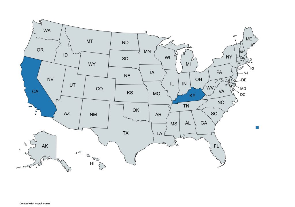 A map of the United States with all states labeled by their abbreviations. California and Kentucky are highlighted in blue, while all other states are gray.