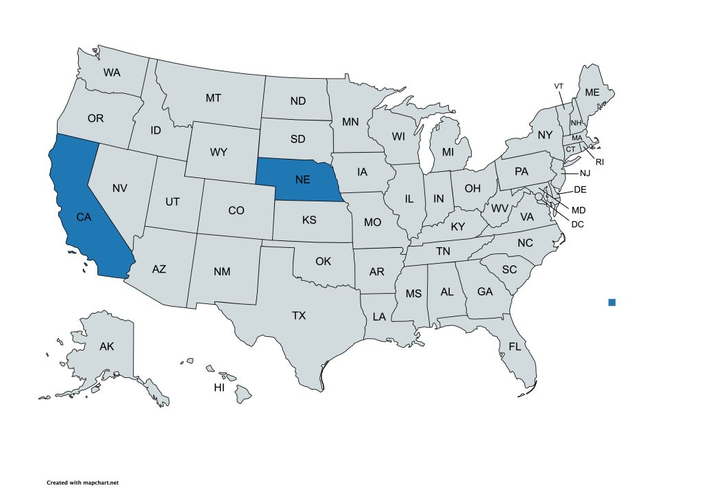 A map of the United States with all states labeled by their abbreviations. California and Nebraska are highlighted in blue, while all other states are gray.