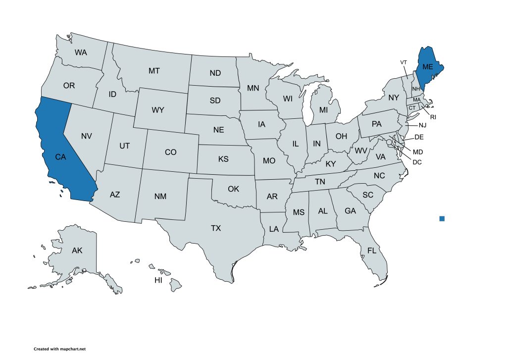 A map of the United States with all states labeled by their abbreviations. California and Maine are highlighted in blue, while all other states are gray.