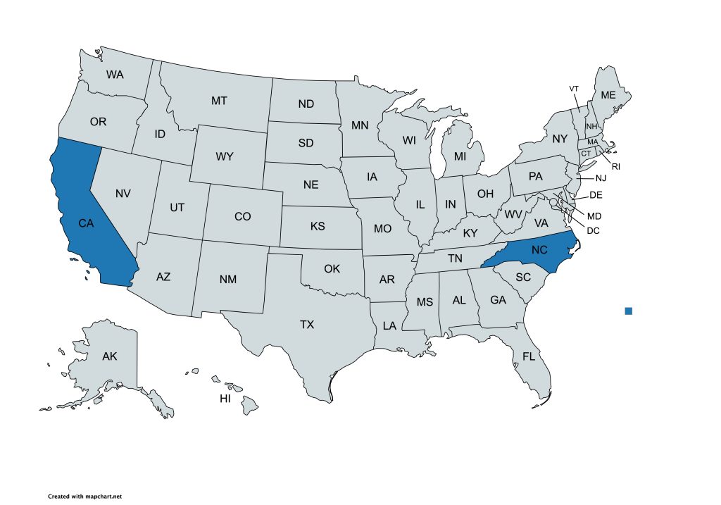 A map of the United States with all states labeled by their abbreviations. California and North Carolina are highlighted in blue, while all other states are gray.