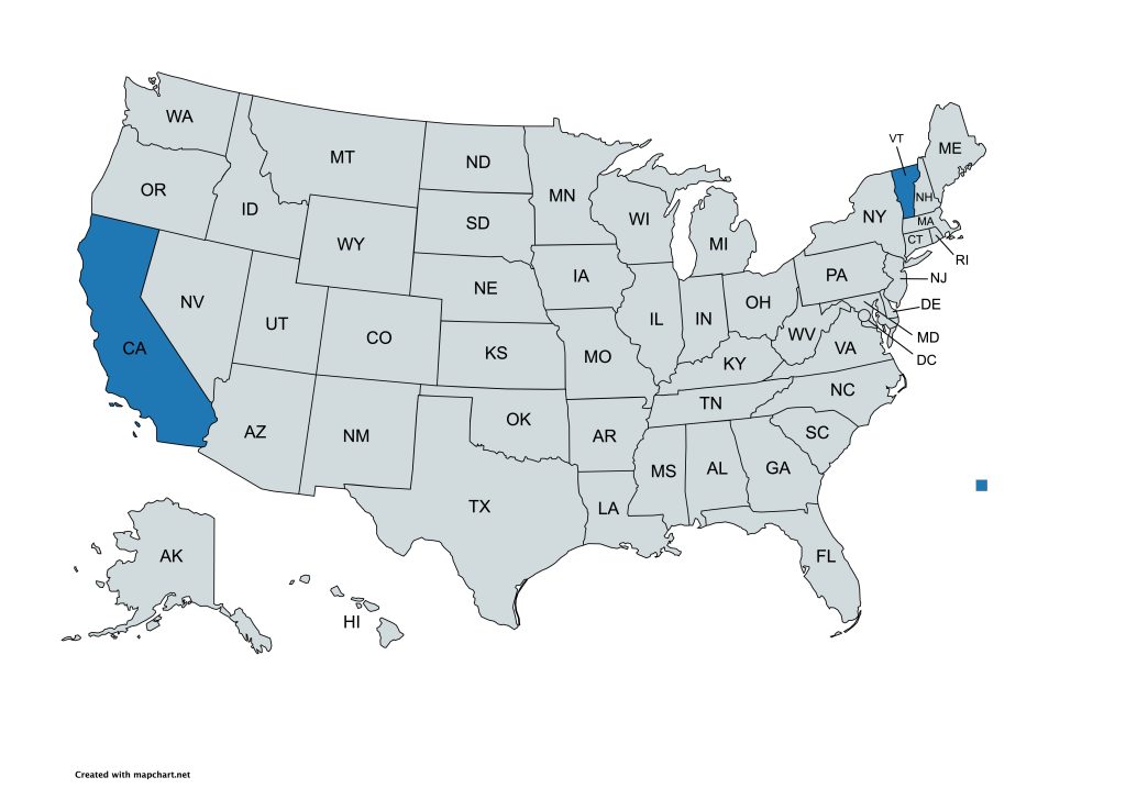 A map of the United States with all states labeled by their abbreviations. California and Vermont are highlighted in blue, while all other states are gray.