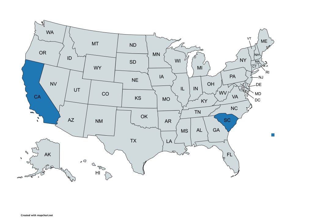 A map of the United States with all states labeled by their abbreviations. California and South Carolina are highlighted in blue, while all other states are gray.