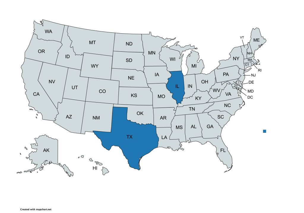 A map of the United States with all states labeled by their abbreviations. Illinois and Texas are highlighted in blue, while all other states are gray.