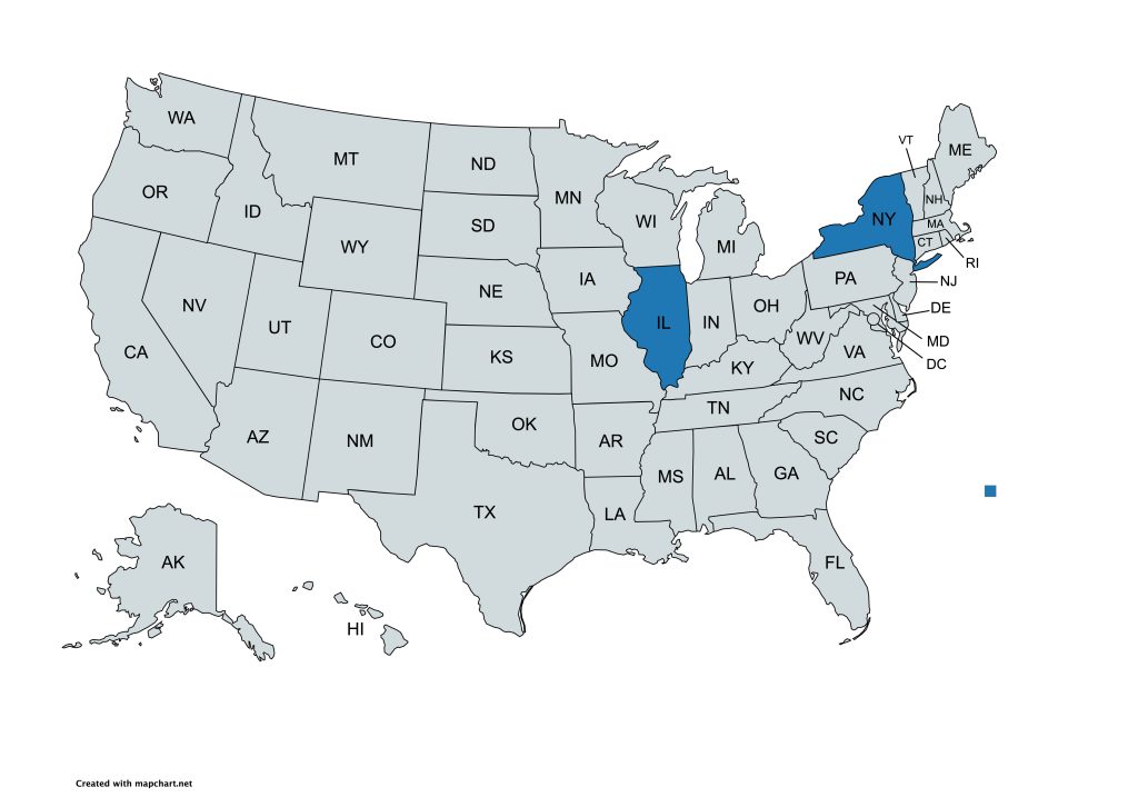 A map of the United States with all states labeled by their abbreviations. Illinois and New York are highlighted in blue, while all other states are gray.