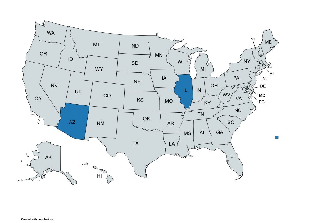 A map of the United States with all states labeled by their abbreviations. Illinois and Arizona are highlighted in blue, while all other states are gray.
