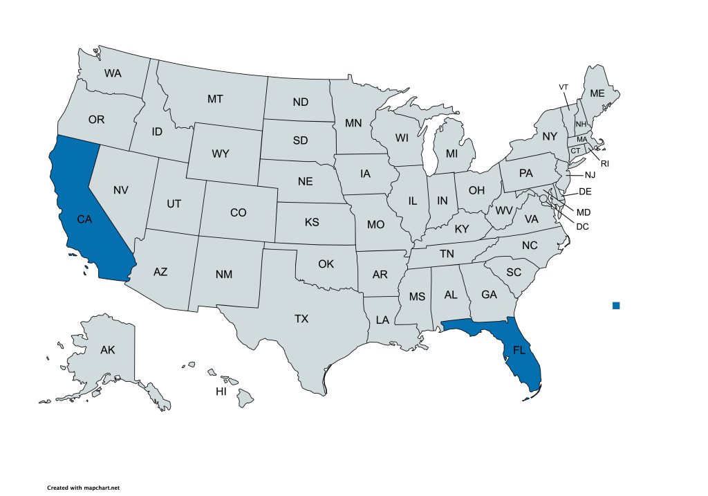 A map of the United States with all states labeled by their abbreviations. Florida and California are highlighted in blue, while all other states are gray.