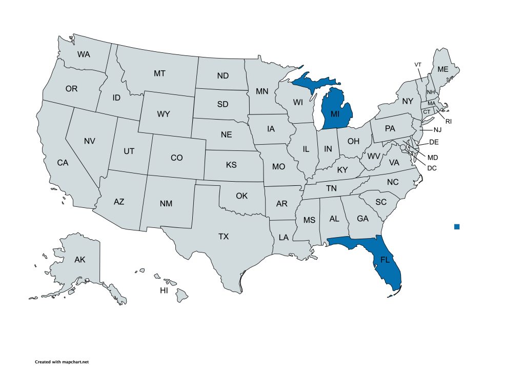A map of the United States with all states labeled by their abbreviations. Florida and Michigan are highlighted in blue, while all other states are gray.