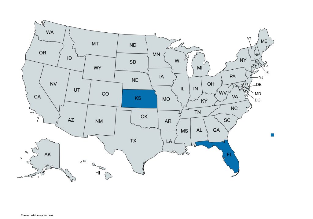 A map of the United States with all states labeled by their abbreviations. Florida and Kansas are highlighted in blue, while all other states are gray.