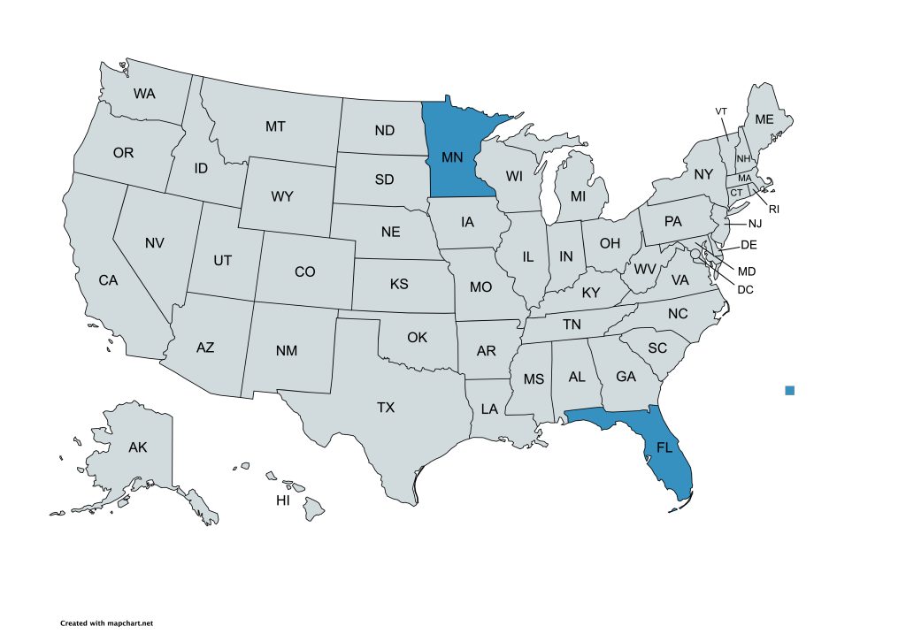A map of the United States with all states labeled by their abbreviations. Florida and Minnesota are highlighted in blue, while all other states are gray.