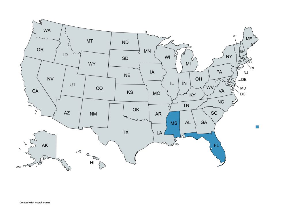 A map of the United States with all states labeled by their abbreviations. California and Mississippi are highlighted in blue, while all other states are gray.