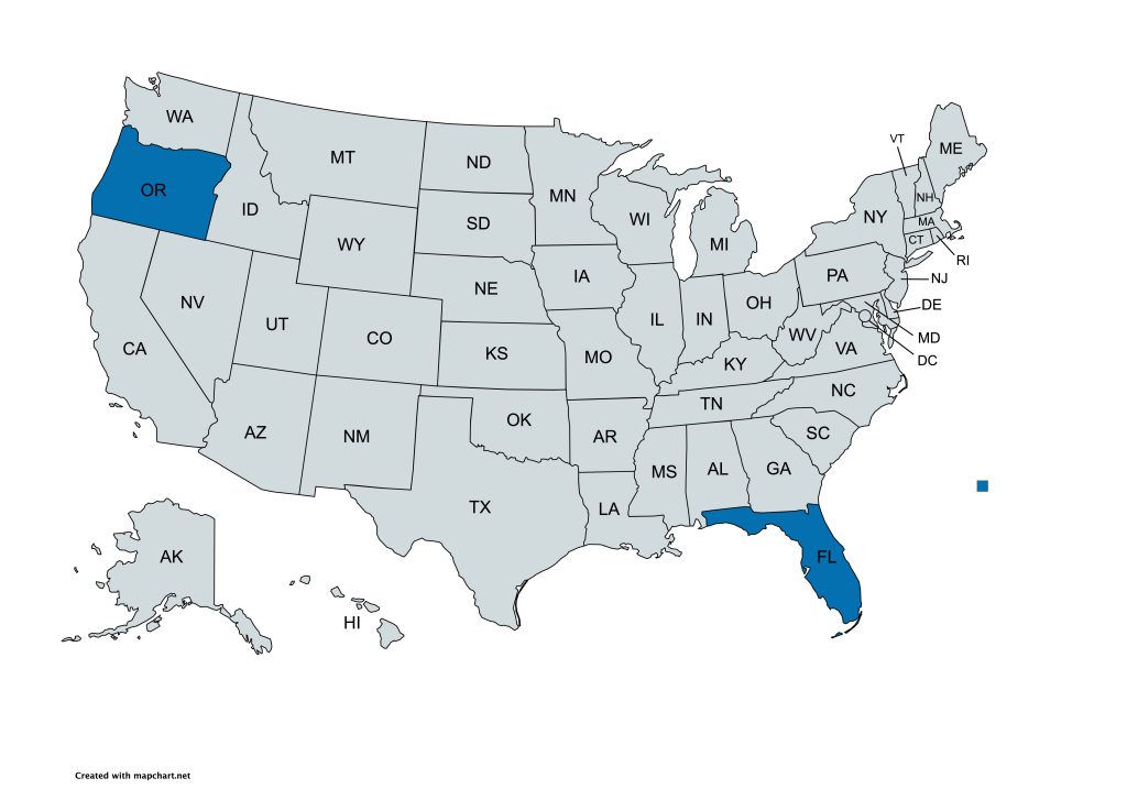 A map of the United States with all states labeled by their abbreviations. Florida and Oregon are highlighted in blue, while all other states are gray.