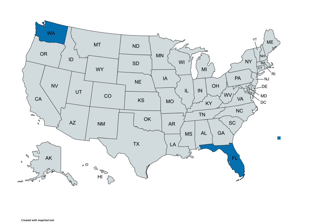 A map of the United States with all states labeled by their abbreviations. Florida and Washington are highlighted in blue, while all other states are gray.
