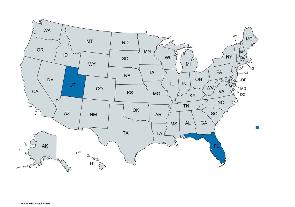 A map of the United States with all states labeled by their abbreviations. Florida and Utah are highlighted in blue, while all other states are gray.