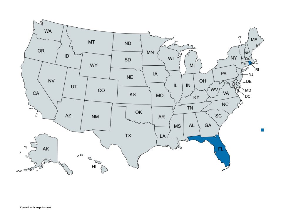 A map of the United States with all states labeled by their abbreviations. Florida and Rhode Island are highlighted in blue, while all other states are gray.