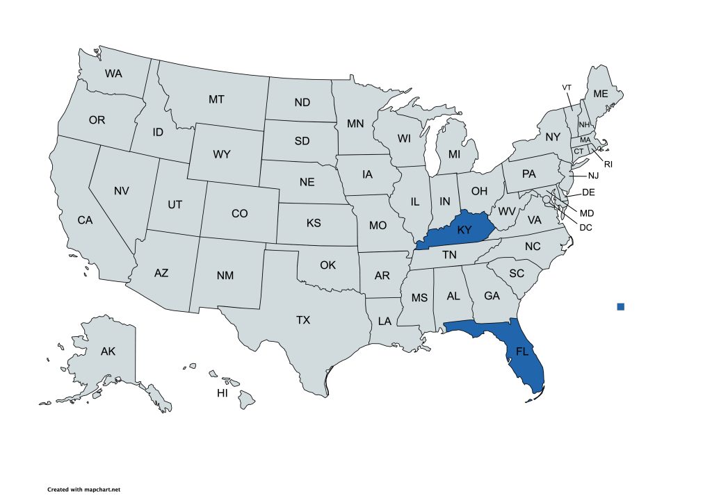 Map of the United States with Kentucky (KY) and Florida (FL) shaded blue, other states in light gray and labeled by postal abbreviations.