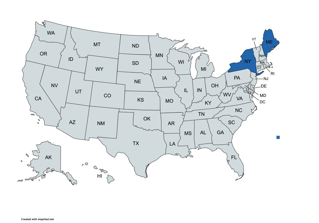 Map of the United States with state abbreviations labeled; New York (NY) and Maine (ME) shaded in blue.