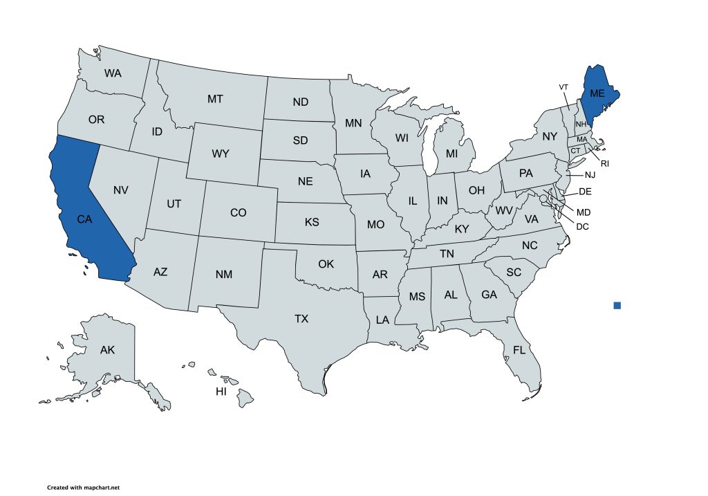 Map of the United States with California and Maine highlighted in blue.